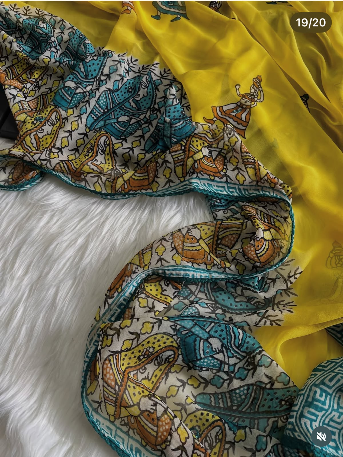 Yellow Printed Georgette saree with mirror work