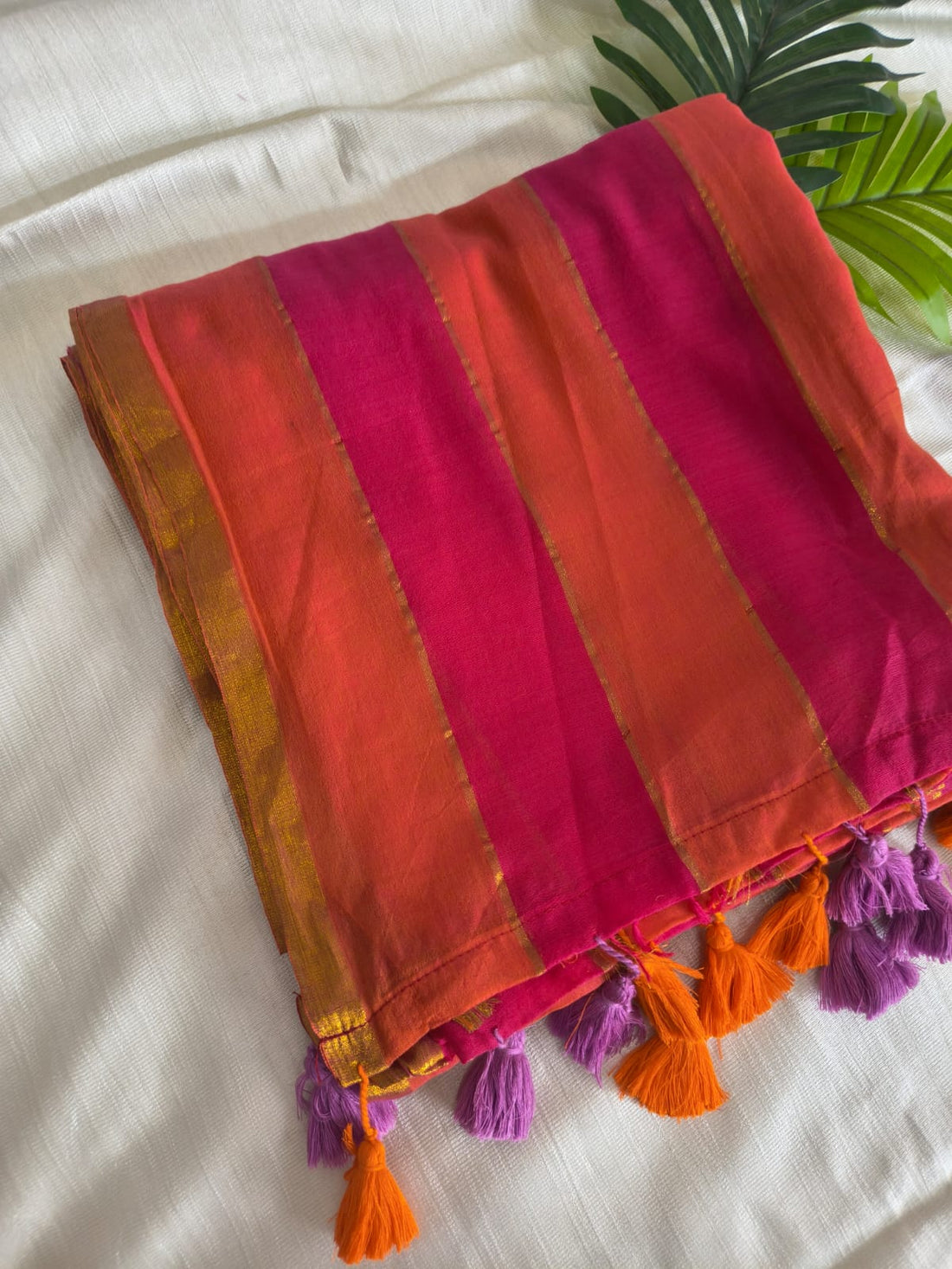 Multi colour mulmul cotton saree(Orange and Magenta)