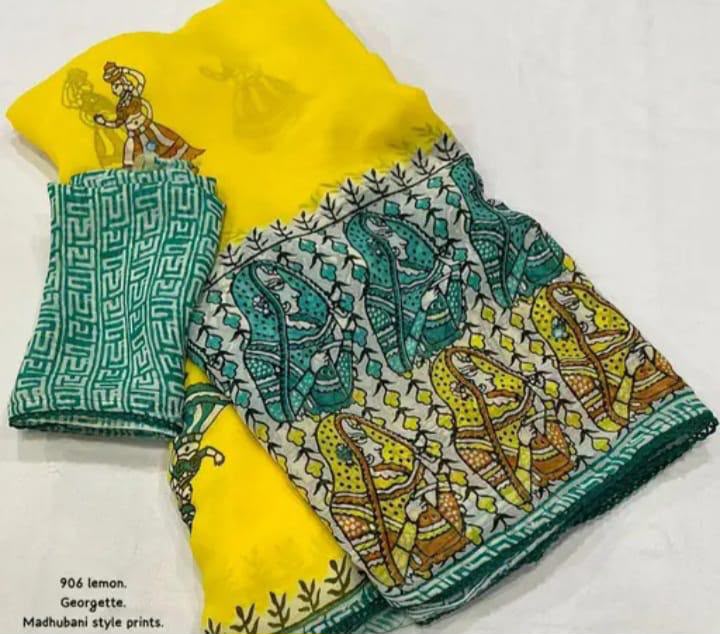 Yellow Printed Georgette saree with mirror work