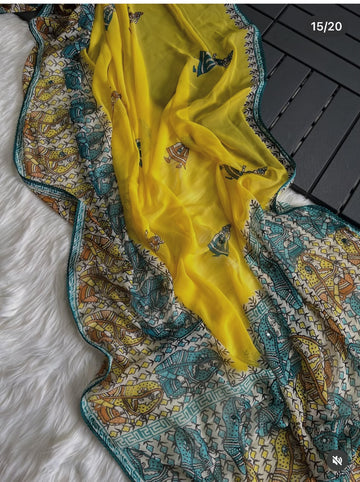 Yellow Printed Georgette saree with mirror work