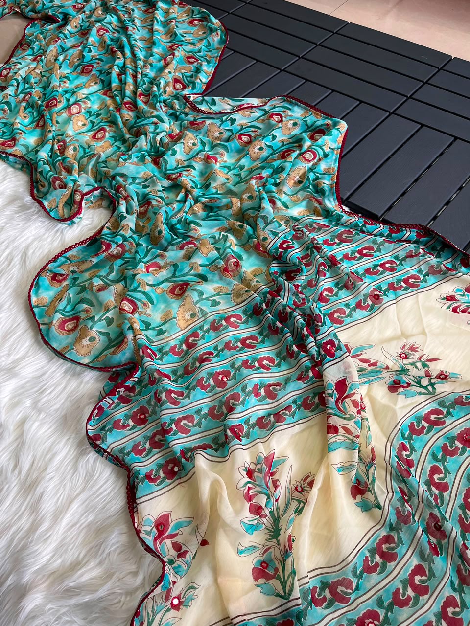 Printed Georgette saree with mirror work