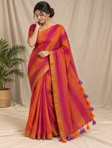 Multi colour mulmul cotton saree(Orange and Magenta)