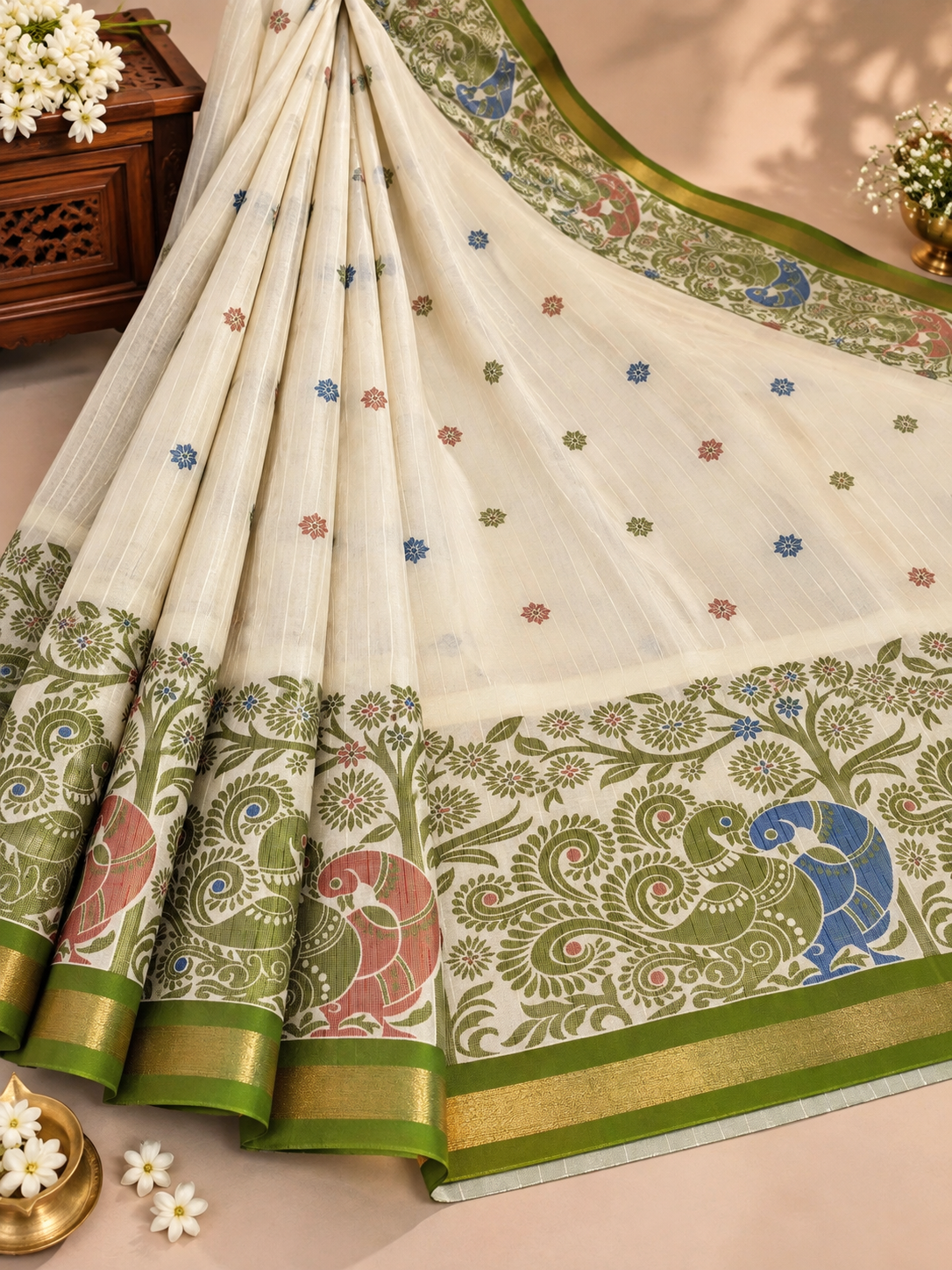 Paper silk cotton saree kalamkari inspired (Parrot green)